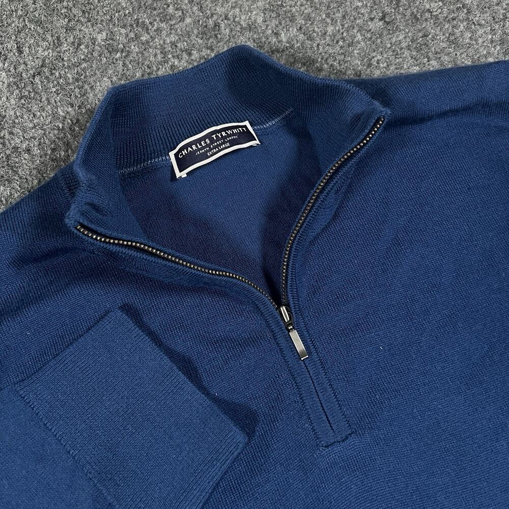 Charles Tyrwhitt Sweater Mens XL 100% Merino Wool Blue 1/4 Quarter Zip Preppy